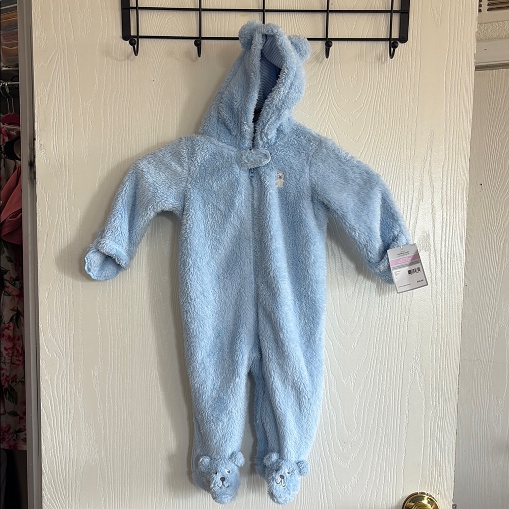 Cozy Blue Bear Hooded Baby One Piece